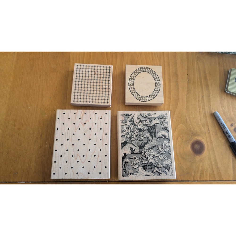 Great Impressions BRL Design Wood Rubber Stamps‎ Set Floral Polka Dot Grid Frame